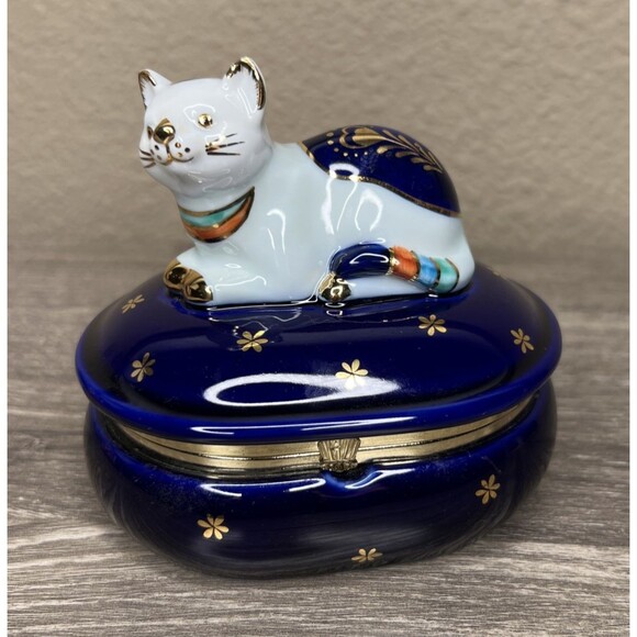 Vintage Takahashi Porcelain Cat Jewelry Trinket Box Blue Gold Rare - Picture 1 of 10